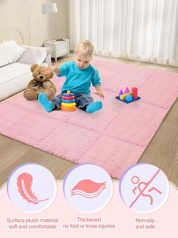 12 pcs Thickened Plush Interlocking Floor Mat 0.6" Thick- Fluffy Square Tiles with 12 Edgings Soft Anti-Slip Puzzle Area Rug Playmat for Room (11.8", Gray & Light Brown) in Kuwait