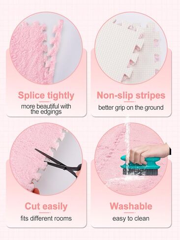 12 pcs Thickened Plush Interlocking Floor Mat 0.6" Thick- Fluffy Square Tiles with 12 Edgings Soft Anti-Slip Puzzle Area Rug Playmat for Room (11.8", Gray & Light Brown) in Kuwait