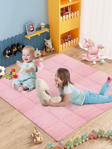 12 pcs Thickened Plush Interlocking Floor Mat 0.6" Thick- Fluffy Square Tiles with 12 Edgings Soft Anti-Slip Puzzle Area Rug Playmat for Room (11.8", Gray & Light Brown) in Kuwait