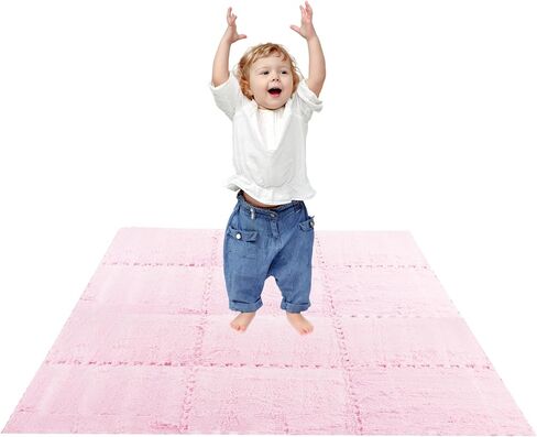 12 pcs Thickened Plush Interlocking Floor Mat 0.6" Thick- Fluffy Square Tiles with 12 Edgings Soft Anti-Slip Puzzle Area Rug Playmat for Room (11.8", Gray & Light Brown) in Kuwait