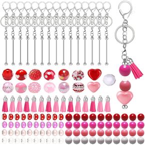 15 Sets Valentine Beadable Keychain Bars, HEYUNG Valentine’s Day Beaded DIY Keychain with Pink Acrylic Beads and Tassels Heart Beaded DIY Keychains Rings for Women Men Student Office Craft Supplies
