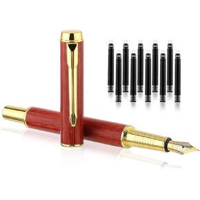 Vintage Wooden Fountain Pen Set, 0.5mm Fine Nib with 10Pcs 2.6mm Ink Cartridges Business Retro Wood Fountain Pen Smooth Writing Calligraphy Pen for Signature Journal Office(Brown)