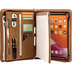 Calfinder Brown A4 Portfolio Binder -Premium Leather Folder مع حافظة ، وجيب كبير للوثائق ، ومحفظة الأعمال للرجال ، وجبال جلدي مثالي مع فتحات البطاقات للاجتماعات