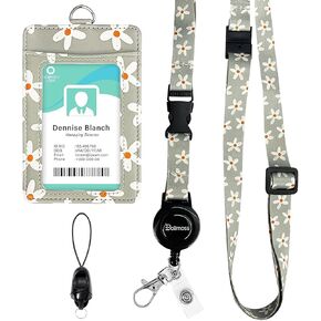 bolimoss Cute Flowers Lanyard for ID Badge Card, Breakaway Neck Lanyards with Retractable Badge Reels Quick-Release Buckles and Adjustable Straps with Leather Card Badge Holders