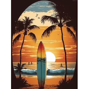 Beach and Surfboard DIY Diamond Painting Kit, Diamond Painting Full Round Drill Sticks, 5D Stress Relief Handmade Gifts and Beginners Bathroom Decor Wall Decor 12x16inch/30x40cm