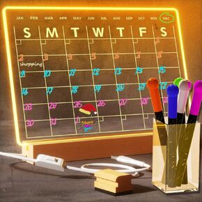 Light Up Clear Dry Drase Board 13 x 9 inch with 5 Markers, Acrylic Lighting Message Memo Note Board for Home/Office/Kitchen/Bedroom