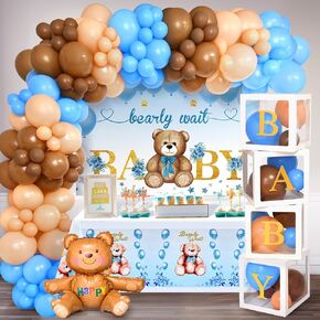 Winrayk 183Pcs Teddy Bear Decorations Boy Girl Boxes with Letters, Sage Green Balloon Arch Bearly Wait Baby Shower Backdrop Tablecloth, Birthday Party Decorations Neutral