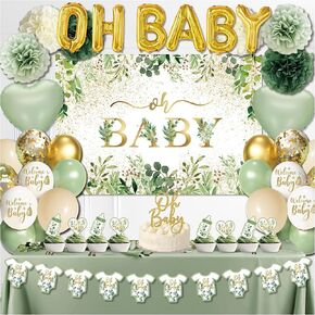 Sage Green Baby Shower Decoration for Girl Boy, Neutral Baby Shower Decor Supplies, Oh Baby Backdrop,OH BABY Balloon, Paper Flower Ball, tablecloths