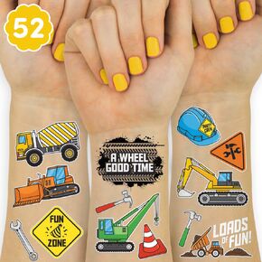 XO ، Fetti Construction Party Party Supplies Tattoos المؤقتة - 52 أنماط معدنية | تفريغ حفلات الشاحنة ، وإمدادات الجرافات ، وقبعة صلبة ، حفارة