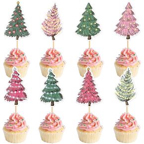Ercadio 24 PCS Merry Christmas Cupcake Toppers - Happy Holiday Cake Picks - Santa Claus, Pink Disco Ball for Xmas, New Year, Baby Shower, Kids Birthday Party Supplies