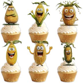18pcs Yellow Glitter Dessert Cupcake Topper Funny Vegetable Corn Theme Decor Supplies Baby Shower Boys Girls Happy Birthday Party Decorations