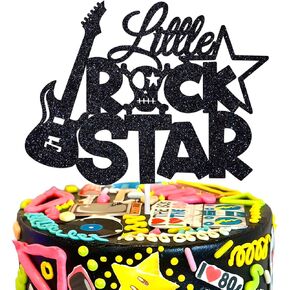 Little Rockstar Cake Topper, Guitar Music Happy Birthday Cake Décor, Rock And Roll Theme Baby Shower Kid's Birthday Party Decorations Supplies for Boy Girl