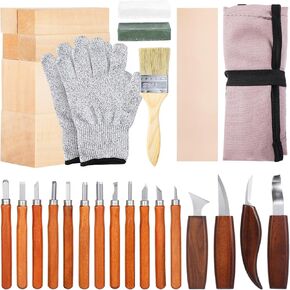 30 PCS Wood Carving Tools, Professional Wood Whittling Kit, Hand Engraving Tool Set, Wood Craft Making Kit for Beginners Professionals, Unfinished Wood Blocks, Cutter, Polish Wax, Whetstone, Gloves