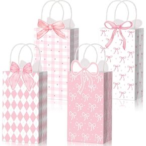 16 Pcs Pink Bow Gift Bags Paper Small Coquette Treat Goodie Candy Bags for Birthday Wedding Bridal Shower Engagement Party Favor Supplies