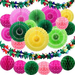 14Pcs Hawaiian Paper Fan Pom Poms Party Decorations Set, Tropical Garland Tissue Paper Hibiscus Flower Summer Banner for Birthday Baby Shower Wedding Beach Theme Aloha Luau Party Supplies Jungle Decor