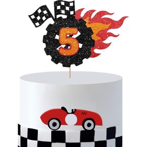 Race Car 3rd Birthday Cake Topper, Wheel 3 Cake Topper for Boys, Fire Car Fast Three Cake Decor, Let's Go Racing Themed 3rd Birthday Party Decoration - Black Glitter