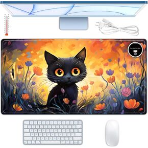 Heated Mouse Pad,Warm Desk Pad,Warm Desk Mat with 6 Heating Levels & 3H Auto Shut-Off,31.5" x 13" Large Safe Desk Mat Hand Warmer for Keyboard,Flowers Cute Cat
