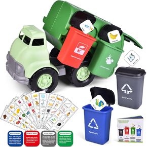 FUN LITTLE TOYS Garbage Truck Toy with 4 Rear Loader Trash Cans and Garbage Illustrated Flash Cards, Waste Management Recycling Truck Toy for Kids