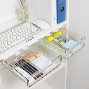 2 Pack Self Adhesive Under Desk Drawer Slide Pull Out, Clear Acrylic Shelf Storage Organizer, Attachable Hanging Mounted Plastic Attachment For Office Kitchen, Cabinet, Table, Counter, Increase Space
