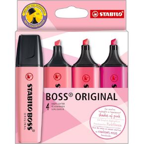 STABILO Highlighter BOSS ORIGINAL Pink - Pack of 4 - Rosy Blush, Cherry Blossom Pink, Pink, Purple, Chisel Tip, Anti-Dry Out Technology