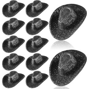 Mini Western Cowboy Hat Cowgirl Hat Small Disco Toy Cap Neon Holographic Space Doll Cap Dollhouse Decoration for Cowgirl Party Dollhouse (Glitter Black,12 Pcs)