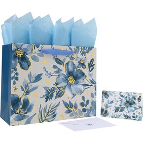 13" Large Blue Flowers Gift Bag Set with Handles, Greeting Card, Tissue Papers and Stickers for Women Girls for Birthday, Valentine's Day, Wedding, Anniversary and Mother’s Day, Foil Traced Design, 1 Pcs