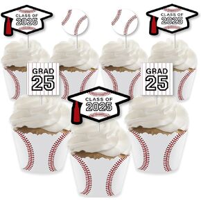 Big Dot of Happiness Grad Baseball - Cupcake Decoration - 2025 Graduation Party Cupcake Wrappers and Treat Picks Kit - Set of 24