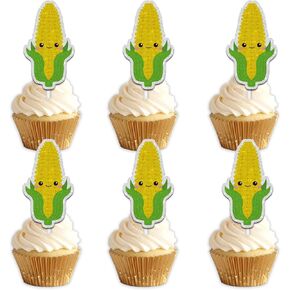 18pcs Yellow Glitter Cute Corn Dessert Cupcake Topper Funny Vegetable Theme Decor Supplies Baby Shower Boys Girls Happy Birthday Party Decorations