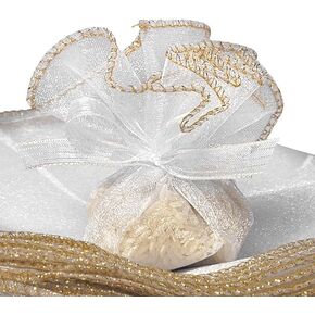 Paper Mart Organza Circles with Gold Satin Edges, 9 Inch White Circles, White Mesh Gift Wraps for Bouquets, Rice Bags, and Bows, Pack of 25