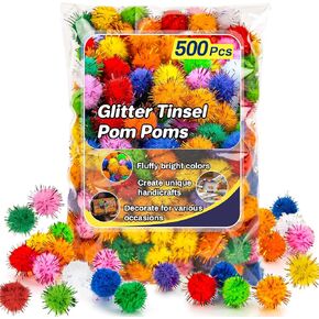 MAQIHAN Sparkly Pom Poms - Tiny Colorful Gitter Tinsel Small Pompoms,Pompones para Manualidades,Little Bulk Pom Poms for Crafts,Holiday Party,Christmas Decor,500 Pcs 1/2 Inch