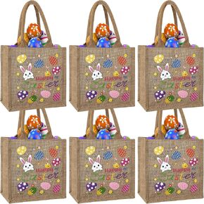 6 Pcs Easter Burlap Bags with Handles Bunny Linen Jute Easter Baskets Large Egg Hunt Candy Gift Tote Bags Reusable Goodie Treat Bag for Kids Easters Party Favors (Iridescent Bunny)