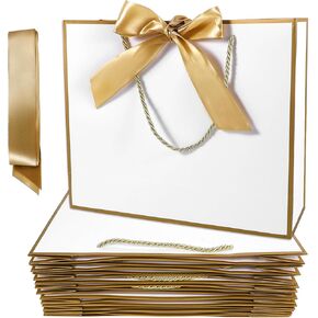12PCS Gift Bags with Handles, 11.8 x 9.8 x 3.9 Inch Gift Bags Large Birthday Gift Bag White Gold Thank You Bags with Bow Ribbon for Wedding, Birthday, Engagement, Bridesmaid, Groomsmen, Christmas