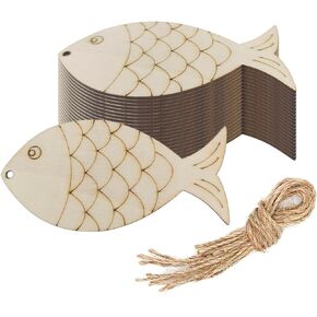 20pcs Fish Wood DIY Crafts Cutouts Wooden Fish Shaped Hanging Ornaments with Hole Hemp Ropes Wood Tags for Baby Shower Wedding Birthday Christmas Party Decorations