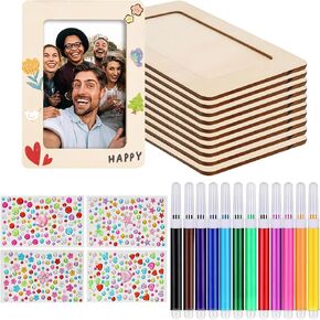 bovivanen Picture Frame Painting Craft Kit for 4" x 6" Photo, 10Pcs DIY Unfinished Wooden Picture Frames with 12Pcs Painting Color Pen and 4 Sheets Crystal Diamond Stickers for DIY Craft