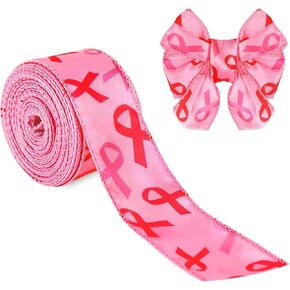 Whaline Breast Cancer Awareness Wired Ribbon Pink Ribbons Print Wired Edge Ribbon Satin Craft Ribbon for Wreath Bow Making DIY Crafts Wrapping Gifts Supplies, 1.5 Inch x 10 Yard