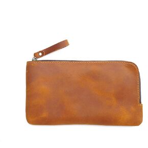 Genuine leather large capacity pencil case. Zip Pouch, Accessories holder, Stationery Bag, Retro handmade artwork. (Brown) in Kuwait