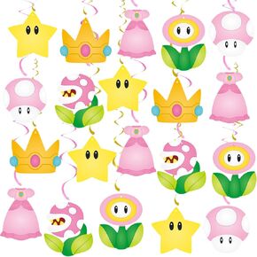 20Pcs Princess Peach Hanging Swirls, Pink Yellow Princess Peach Birthday Party Hanging Decor Whirl, Cartoon Ceiling Streamers for Girl Mario Princess Peach Party, Princess Baby Shower Decorations