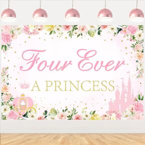 Four Ever a Princess Birthday Decorations Backdrop, Princess 4th Birthday Party Decorations Backdrop Banner for 4 Year Old Girl Birthday