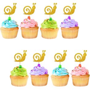 24pcs Snail Cupcake Toppers, Insect Snail Cupcake Toppers, Gold Glitter Cake Decoration for Insect Themed Birthday/Baby Shower Party Supplies