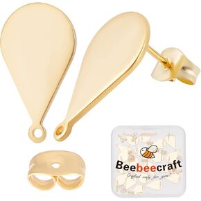 Beebeecraft 1 Box 30Pcs Teardrop Earring Findings 24K Gold Plated Stainless Steel Earring Studs Posts with Loops and Butterfly Earring Backs for Women Dangle Earring Jewelry Making