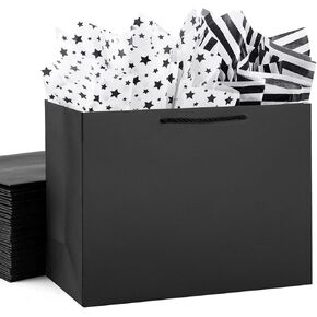 OfficeCastle 4 Pack Bare Black Gift Facs ، حقائب هدايا كبيرة مع ورق الأنسجة الفضية ، أكياس هدايا للأعمال التجارية الصغيرة ، 14 × 5 × 10 في/35 × 13x26 سم ، وأكياس الورق السوداء مع مقابض