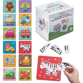 Prextex 12 Piece Puzzles for Kids - 6 Animals and 6 Transportation Puzzles for Toddlers - Helps Boost Fine Motor Skills Development, Hand-Eye Coordination - Montessori Toys - Animal Puzzles
