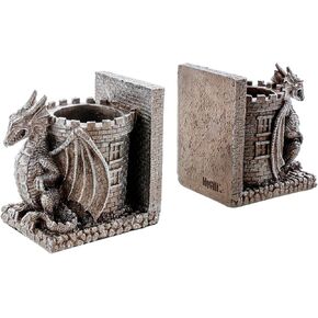 MyGift Gothic Brown Resin Dragon Guarding Castle Bookends and Pencil Holder, Decorative Fantasy Inspired Dragons Tower Office Desk Pen Cup Book Ends, 1 Pair