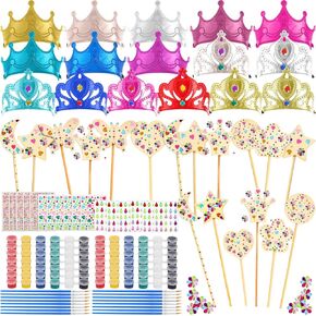 Soaoo 64 Pcs Princess Fairy Wands Kit 16 Unfinished Wooden Princess Wands 16 Foam Princess Crowns 16 Gem Stickers and 16 Acrylic Paints DIY Princess Crafts, Princess Gifts Party Favors for Kids Girls
