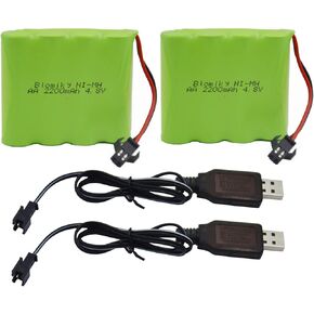 Blomiky 2 Pack 4.8V 2200mAH AA NiMH Rechargeable Battery with SM-2P Plug and USB Charger Cable for SY-E511 Some RC Excavator RC Vehicle Car Truck Crawler / 4.8V NiMH 2