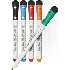 Mag-Fancy Magnetic Dry Erase Marker Set - Fine Tip 1mm Erasable Whiteboard Markers, Build-in Eraser, 5 Color, Safe Inks, Low Odor