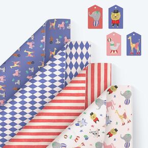 Cheerland 12 Sheets Circus موضوع غلاف الهدايا مع 12 علامة هدية ، 4 تصاميم كرنفال حيوان حمراء وأزرق هدية عيد ميلاد تحية الحفلات الملونة الحفلات واللوازم