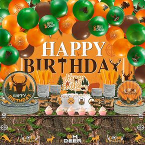 165 Pcs Hunting Birthday Party Decorations Deer Birthday Party Decorations Includes Hunting Backdrop Balloons Cake Cupcake Topper Plates Paper Cup Knives Forks Spoons Tablecloths(Backdrop)