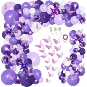 Perpaol 150pcs طقم أهمال بالون بيربول مع ملصقات فراشة ، بافندر أبيض معكرون البالونات الأرجواني الأرجواني القوس لعيد ميلاد الذكرى السنوية الحلوة 16