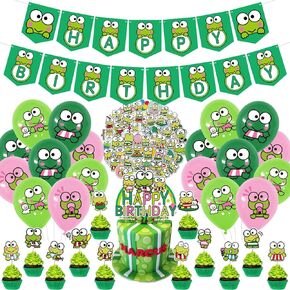 Keroppi Birthday Party Decorations, 83pcs Keroppi Frog Party Supplies with Happy Birthday banner, Cupcake Toppers, Balloons and Stickers for Big-Eyed Frog Theme Kids Birthday Shower Party